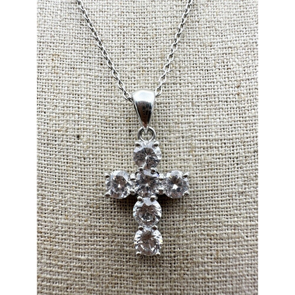 Vintage Cubic Zirconia Cross Pendant Sterling Silver Necklace 18”